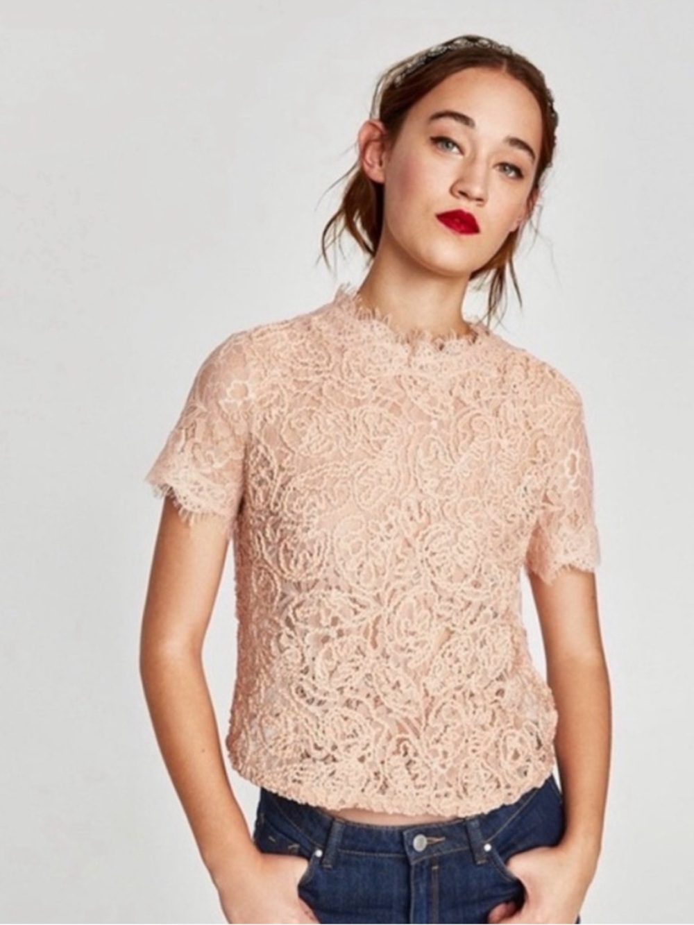 Zara Embroidered Floral Lace Short Sleeve Crop Top Size S